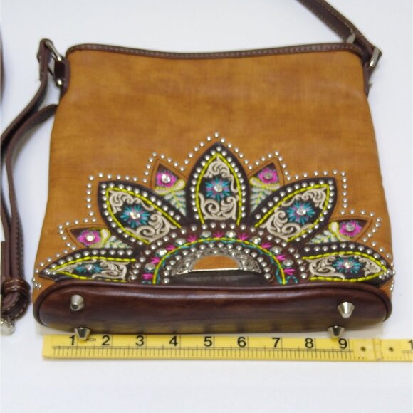 Montana West PU Leather Crossbody Bag Adjustable Stud Rhinestone Embroidered VTG - Picture 13 of 16